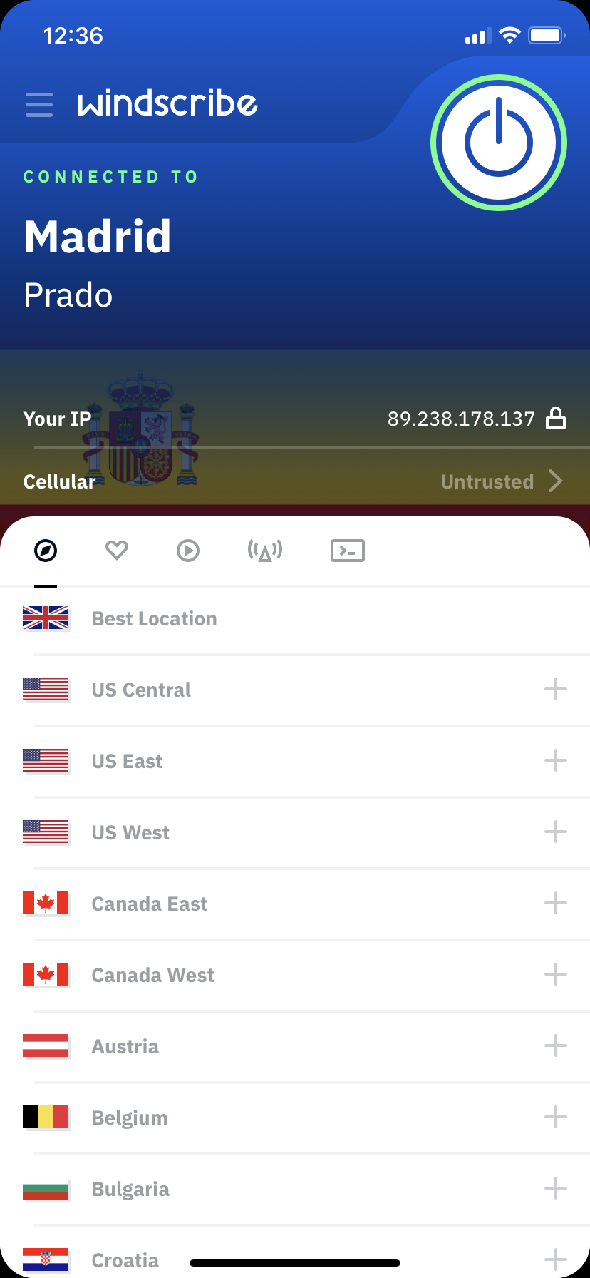 Windscribe Mobile UI